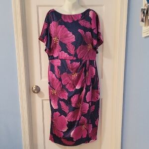 Maggy London Navy and Magenta Floral Midi Dress